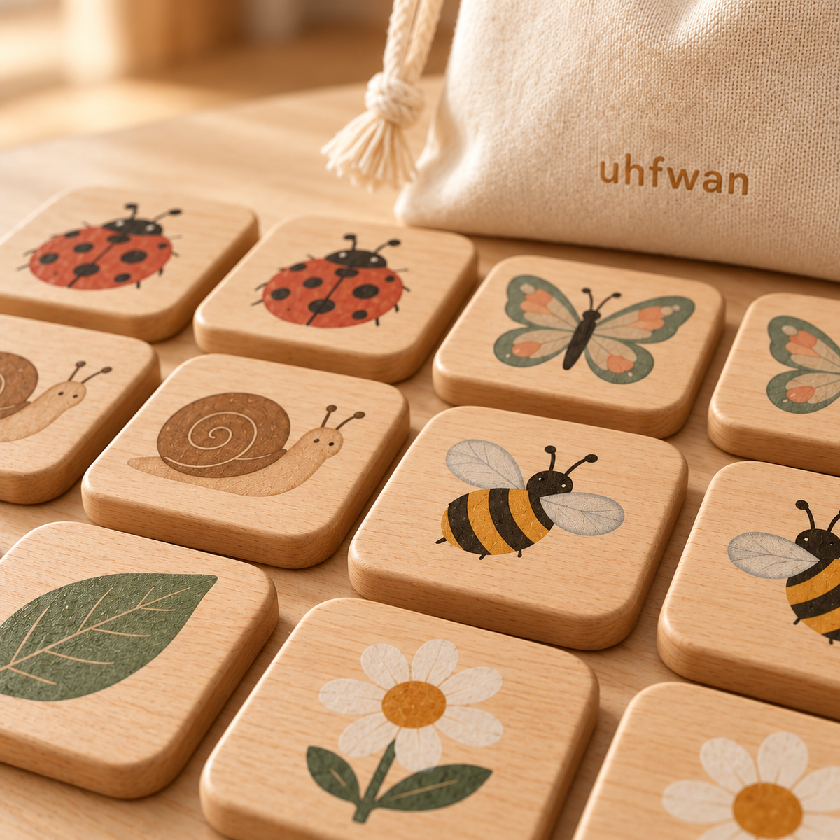 uhfwan Garden Friends Wooden Memory Tiles - detail